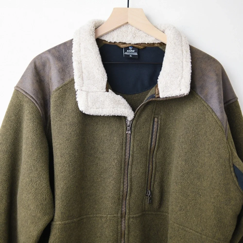 Kuhl Alpenwurx Jacket Mens XL Olive Green Fleece Full Zip Sherpa Collar Gorpcore